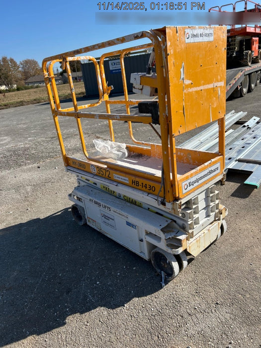 Custom Equipment HB-1430 Hy-Brid Scissor Lift
Platform capacity up to 670 lbs
Working height up to 20 ft
Weighs under 1,700 lbs
Non-marking wheels