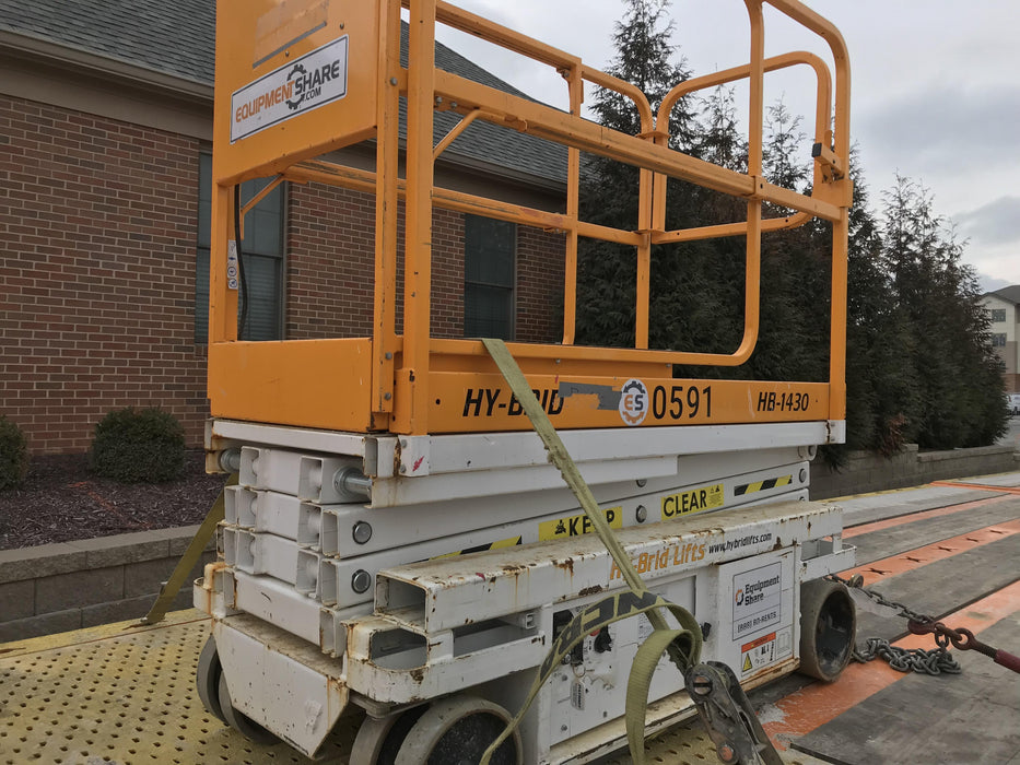 Custom Equipment HB-1430 Hy-Brid Scissor Lift
Platform capacity up to 670 lbs
Working height up to 20 ft
Weighs under 1,700 lbs
Non-marking wheels