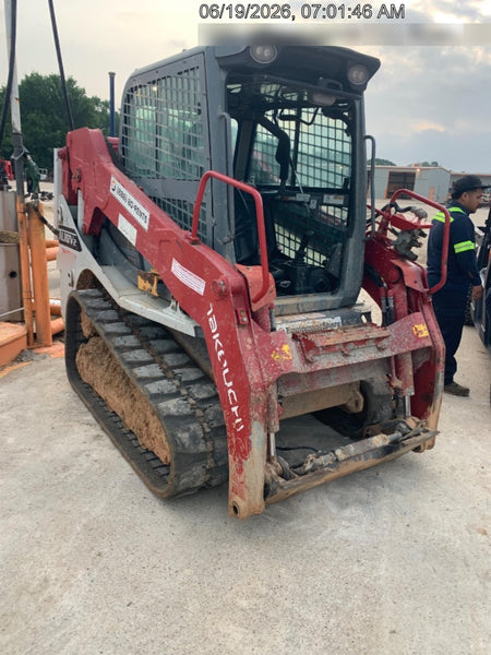 2019 Takeuchi TL10V2-CR Cab/Heat/AC, Rubber Tracks, Backup Alarm, Front & rear working Lights, Auxiliary Hydraulics, 2 Speed Travel, Engine Monitoring System, Hydraulic universal quick hitch w/76" HD smooth dirt bucket with bolt-on edge, 20.3 cubic feet capacity, 48" Pallet forks and frame