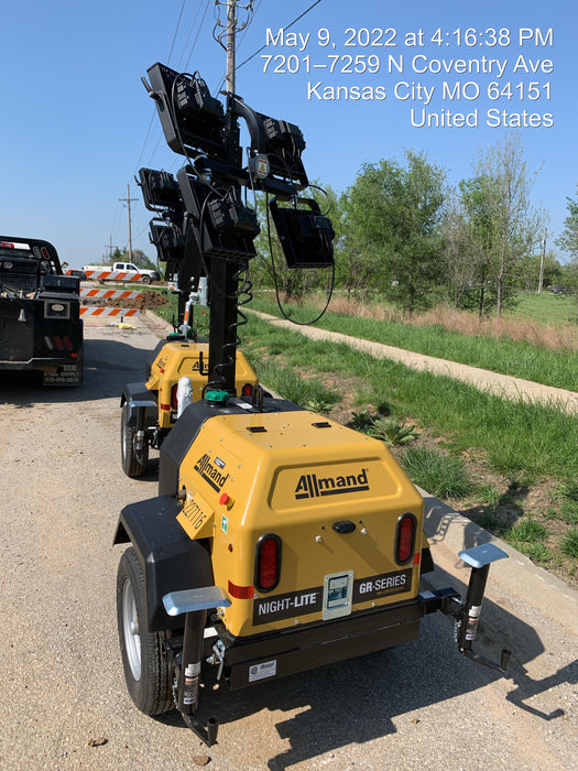 2022 Allmand NLV3GR (4) LED Light Fixture 350W, 23' Vertical Mast, 3kW Prime, Towable, Deep Sea L401, Leveling Jacks, Yanmar T4F 5.8hp