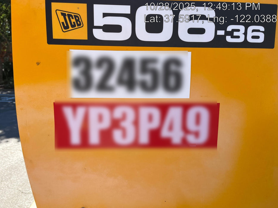 2019 JCB 506-36 Canopy, 74 HP, Foam Filled Tires, STD Worklight, Beacon, Aux Hydraulics, Lifting Eye, Back up Alarm 48" Carriage/48" Forks
