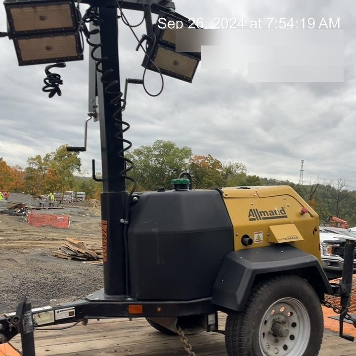 Allmand NLV3GR (4) LED Light Fixture 350W, 23' Vertical Mast, 3kW Prime, Towable, Deep Sea L401, Leveling Jacks, Yanmar T4F 5.8hp