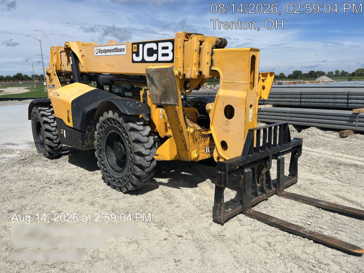 2019 JCB 512-56 Cab/Heat/Air, 109 HP, Solid Tires, STD Worklight, Beacon, Aux Hydraulics, Lifting Eye, Back up Alarm w/66" Carriage/60" Forks