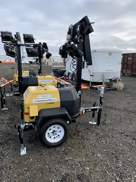 Allmand NLV3GR (4) LED Light Fixture 350W, 23' Vertical Mast, 3kW Prime, Towable, Deep Sea L401, Leveling Jacks, Yanmar T4F 5.8hp