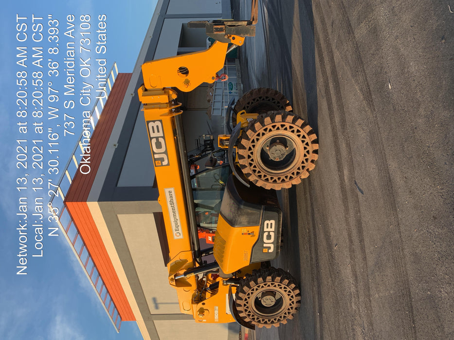 2019 JCB 509-42 74 HP w/Open ROPS, Beacon, Aux Hydraulics, LED Work lights, Solid Tires 66" Carriage/60" Forks