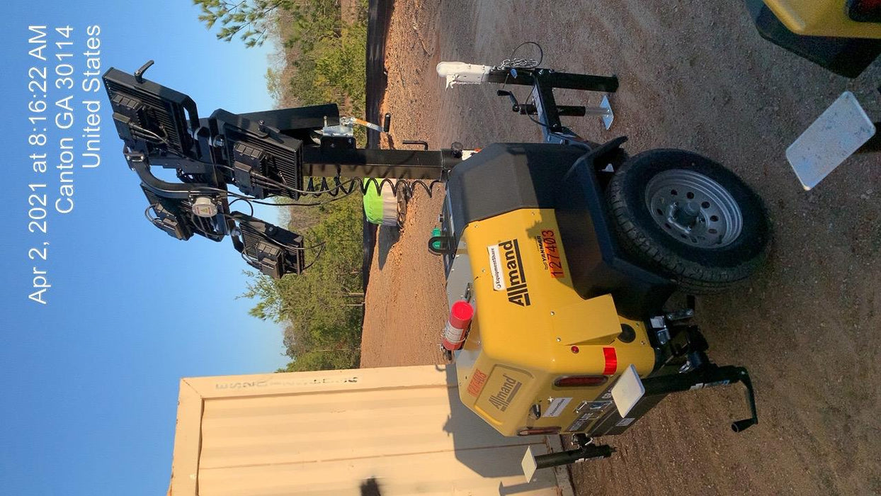 2021 Allmand NLV3GR (4) LED Light Fixture 350W, 23' Vertical Mast, 3kW Prime, Towable, Deep Sea L401, Leveling Jacks, Yanmar T4F 5.8hp