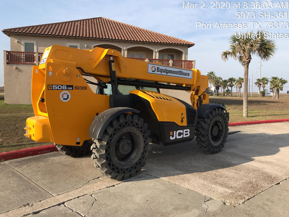 2020 JCB 506-36 Cab/Heat/Air, 74 HP, Solid Tires, STD Worklight, Beacon, Aux Hydraulics, Lifting Eye, Back up Alarm w/48" Carriage/48" Forks