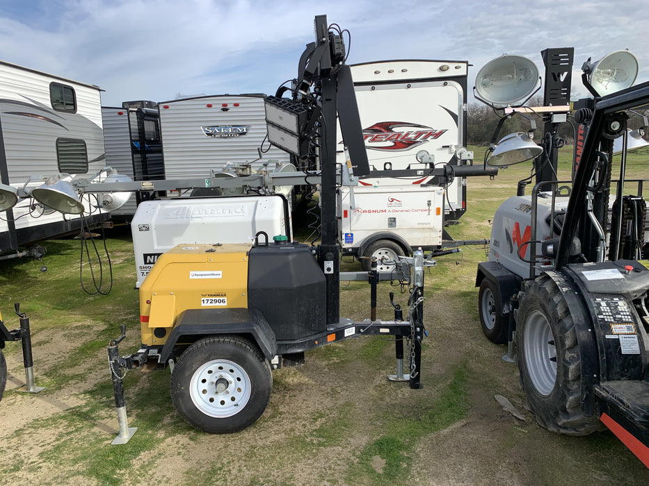 Allmand NLV3GR (4) LED Light Fixture 350W, 23' Vertical Mast, 3kW Prime, Towable, Deep Sea L401, Leveling Jacks, Yanmar T4F 5.8hp