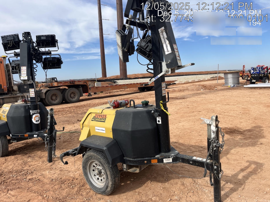 2022 Allmand NLV3GR (4) LED Light Fixture 350W, 23' Vertical Mast, 3kW Prime, Towable, Deep Sea L401, Leveling Jacks, Yanmar T4F 5.8hp