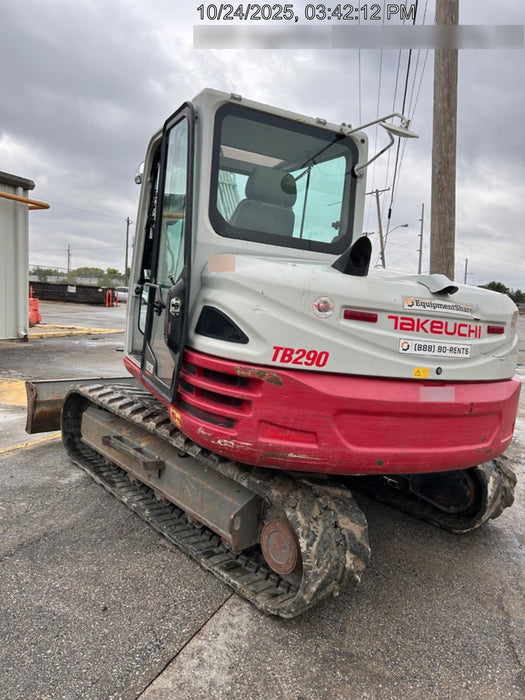 2019 Takeuchi TB290 Cab, AC, Rubber Tracks, Dozer Blade, Travel Alarm, Control Pattern Change Valve, Auxiliary Hydraulics w/18" Quick Coupler Bucket with teeth, 6.2 cu. ft. capacity/24" Quick Coupler Bucket with teeth, 8.6 cu. ft. capacity/36" Quick Coupler Bucket with teeth, 13.4 cu. ft. capacity, Quick Coupler, Hydraulic Thumb Installed
