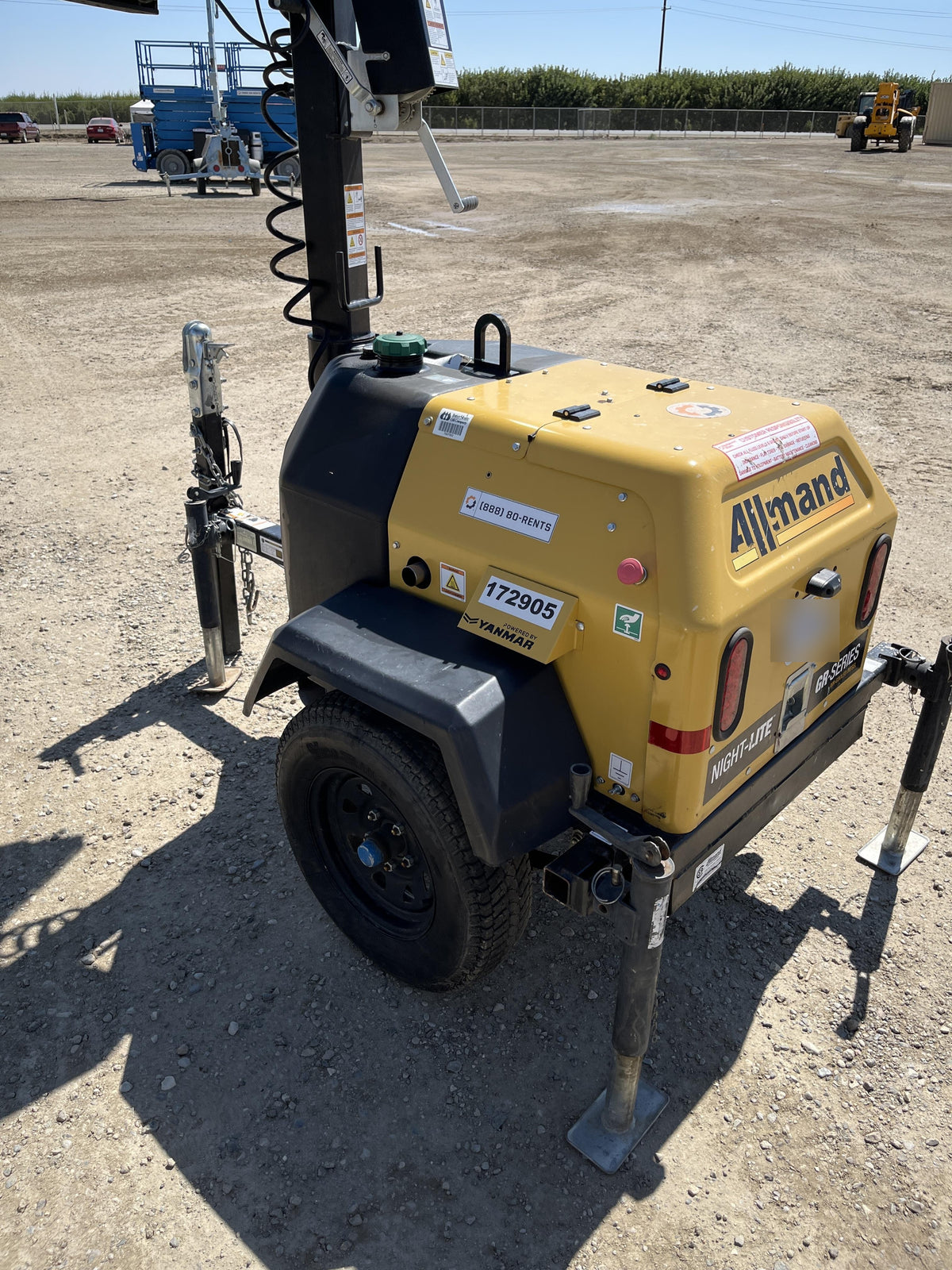 Allmand NLV3GR (4) LED Light Fixture 350W, 23' Vertical Mast, 3kW Prime, Towable, Deep Sea L401, Leveling Jacks, Yanmar T4F 5.8hp