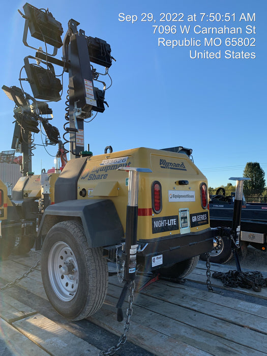 2022 Allmand NLV3GR (4) LED Light Fixture 350W, 23' Vertical Mast, 3kW Prime, Towable, Deep Sea L401, Leveling Jacks, Yanmar T4F 5.8hp