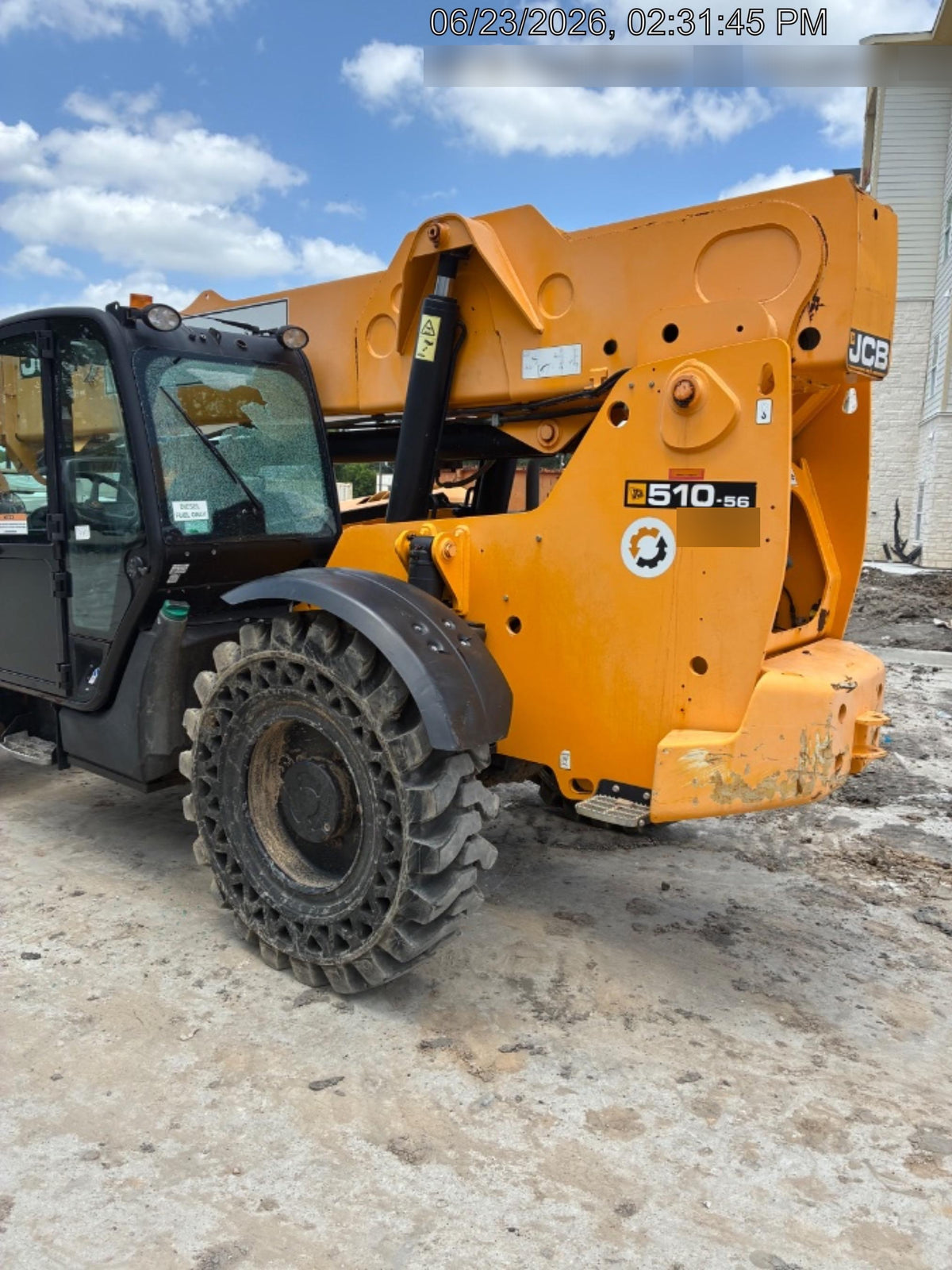 2019 JCB 510-56 Enclosed Cab, 74 HP, Solid Tires, Worklights, Beacon, Aux Hydraulics, Lifting Eye w/66" Carriage/60" Forks
