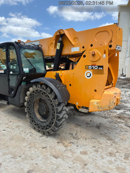 2019 JCB 510-56 Enclosed Cab, 74 HP, Solid Tires, Worklights, Beacon, Aux Hydraulics, Lifting Eye w/66" Carriage/60" Forks