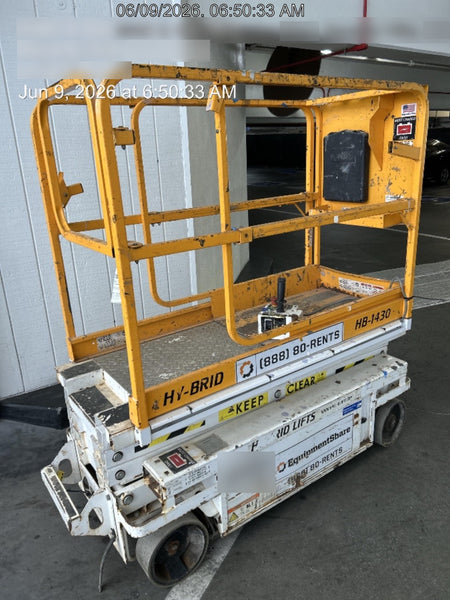 Custom Equipment HB-1430 <ul>
 <li>Hy-Brid Scissor Lift</li>
  <li>Platform capacity up to 670 lbs.</li>
  <li>Working height up to 20 ft</li>
  <li>Weighs under 1,700 lbs.</li>
  <li>Non-marking wheels </li>
</ul>