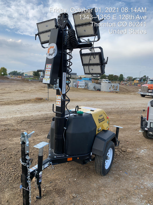 2021 Allmand NLV3GR (4) LED Light Fixture 350W, 23' Vertical Mast, 3kW Prime, Towable, Deep Sea L401, Leveling Jacks, Yanmar T4F 5.8hp