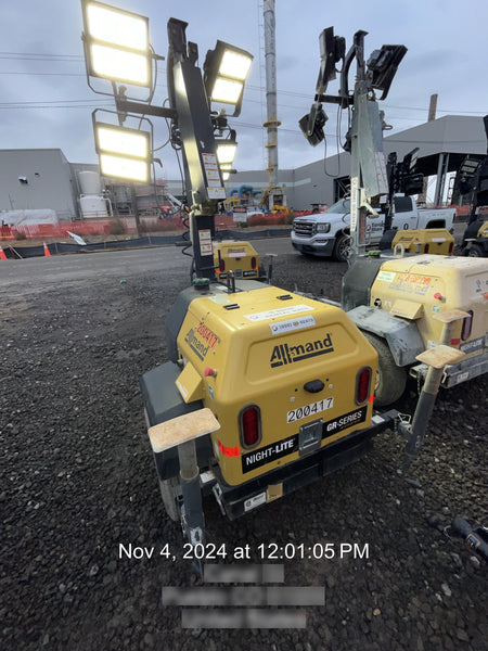 2022 Allmand NLV3GR (4) LED Light Fixture 350W, 23' Vertical Mast, 3kW Prime, Towable, Deep Sea L401, Leveling Jacks, Yanmar T4F 5.8hp