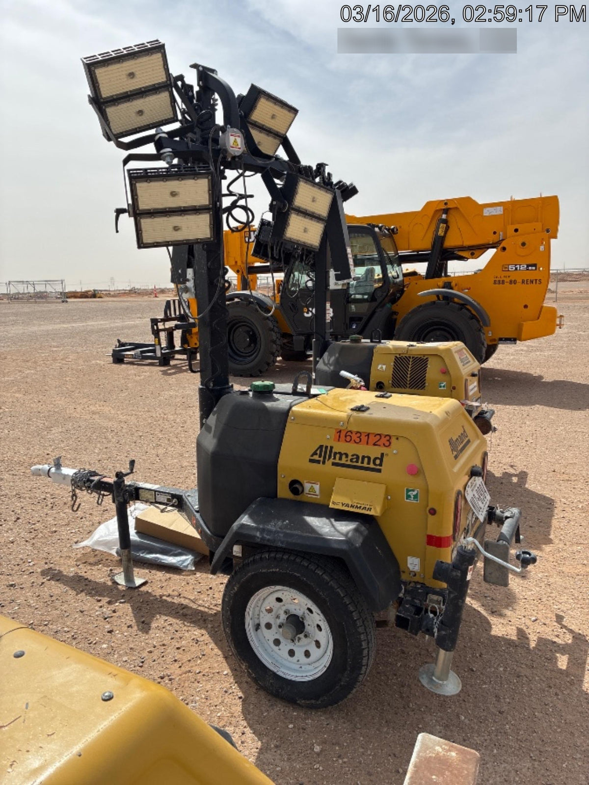 2021 Allmand NLV3GR (4) LED Light Fixture 350W, 23' Vertical Mast, 3kW Prime, Towable, Deep Sea L401, Leveling Jacks, Yanmar T4F 5.8hp