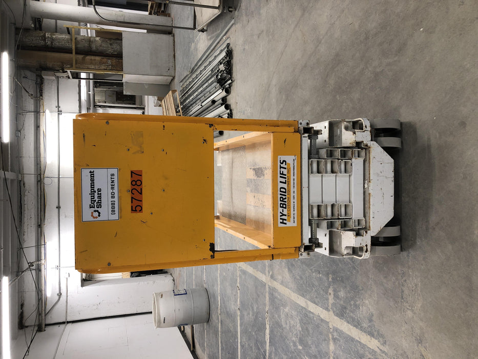 Custom Equipment HB-1430 Hy-Brid Scissor Lift
Platform capacity up to 670 lbs
Working height up to 20 ft
Weighs under 1,700 lbs
Non-marking wheels