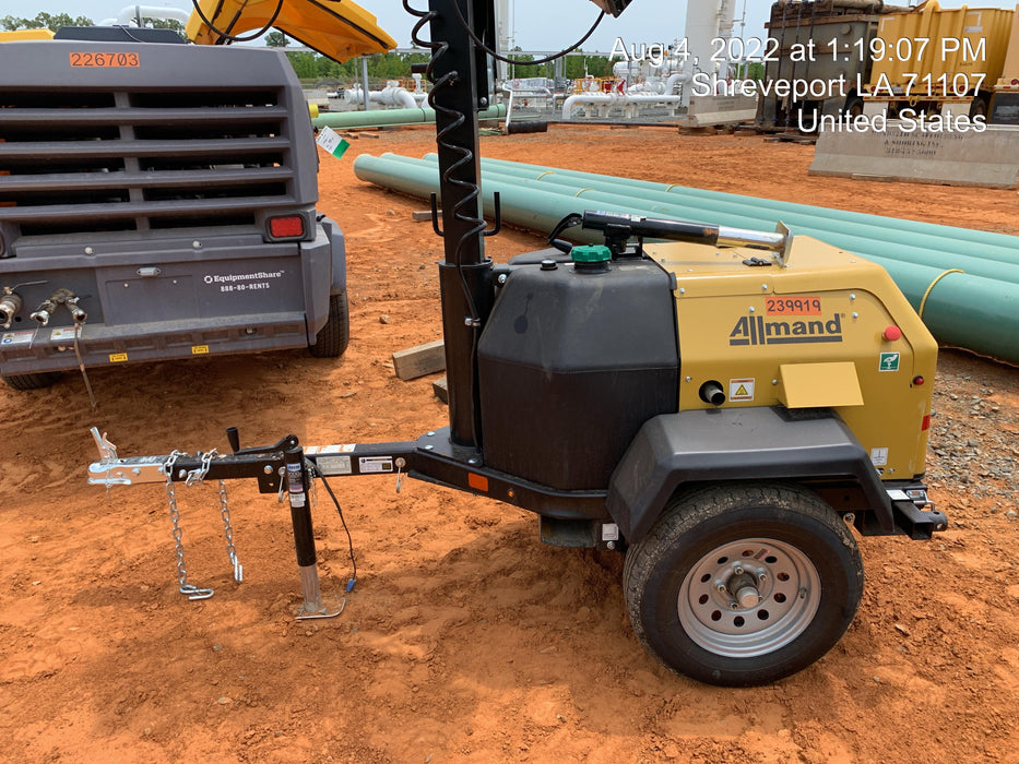 2022 Allmand NLV3GR (4) LED Light Fixture 350W, 23' Vertical Mast, 3kW Prime, Towable, Deep Sea L401, Leveling Jacks, Yanmar T4F 5.8hp