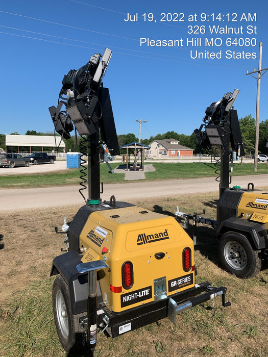 2022 Allmand NLV3GR (4) LED Light Fixture 350W, 23' Vertical Mast, 3kW Prime, Towable, Deep Sea L401, Leveling Jacks, Yanmar T4F 5.8hp