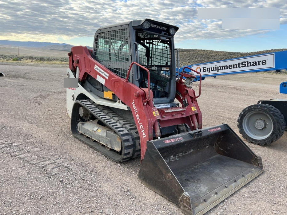 2019 Takeuchi TL10V2-CR Cab/Heat/AC, Rubber Tracks, Backup Alarm, Front & rear working Lights, Auxiliary Hydraulics, 2 Speed Travel, Engine Monitoring System, Hydraulic universal quick hitch w/76" HD dirt bucket with 8 teeth, 20.3 cubic feet capacity, 48" Pallet forks and frame