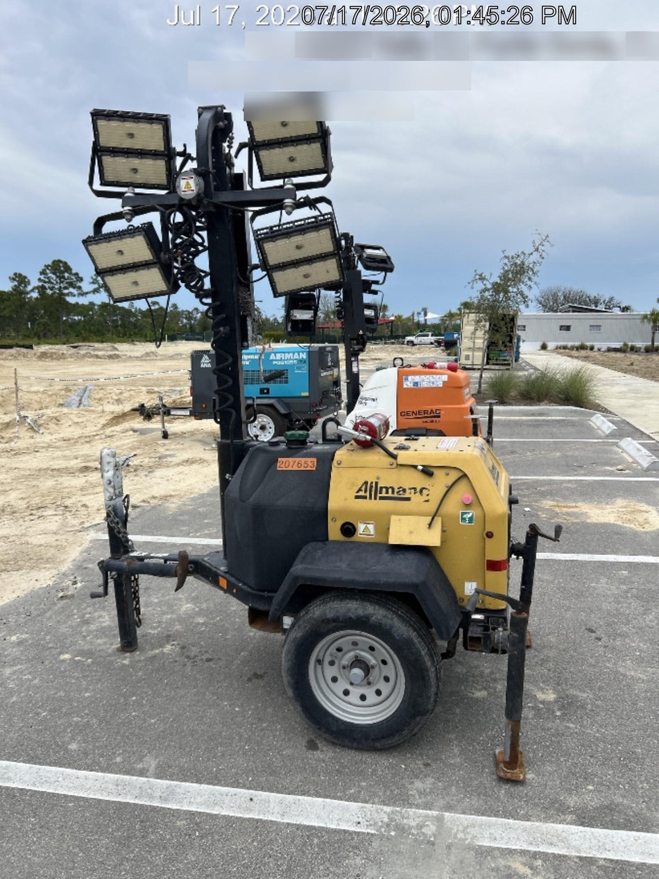 2022 Allmand NLV3GR (4) LED Light Fixture 350W, 23' Vertical Mast, 3kW Prime, Towable, Deep Sea L401, Leveling Jacks, Yanmar T4F 5.8hp