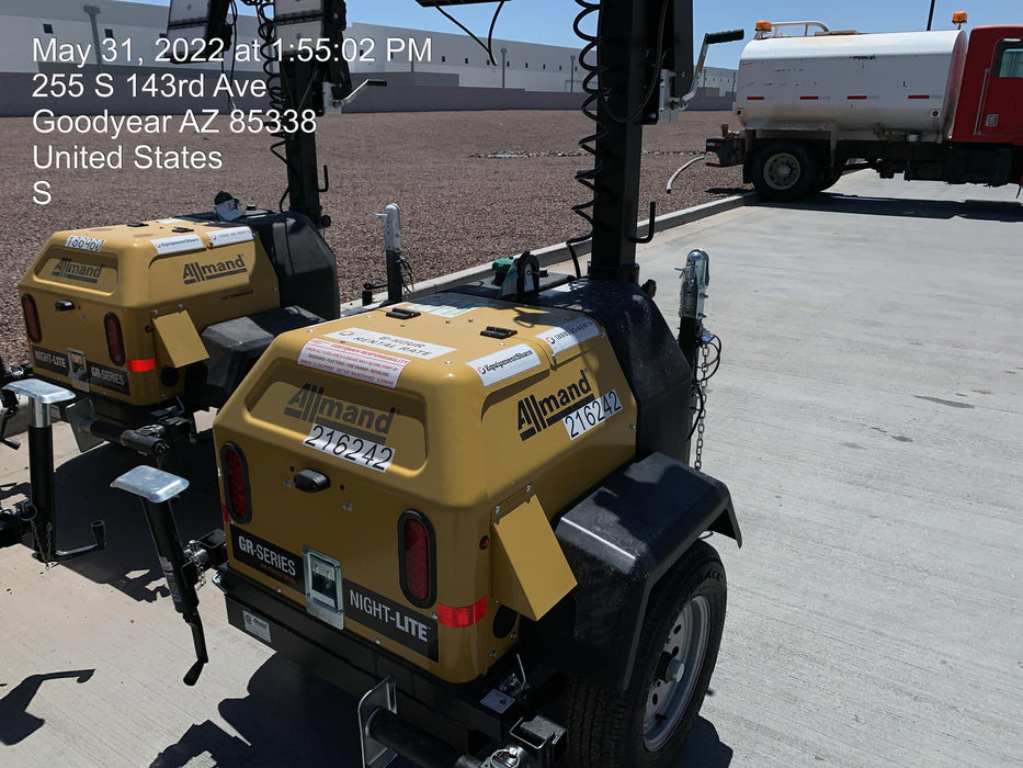 2022 Allmand NLV3GR (4) LED Light Fixture 350W, 23' Vertical Mast, 3kW Prime, Towable, Deep Sea L401, Leveling Jacks, Yanmar T4F 5.8hp