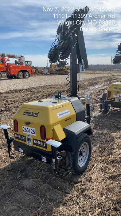 2022 Allmand NLV3GR (4) LED Light Fixture 350W, 23' Vertical Mast, 3kW Prime, Towable, ES Decals, T3