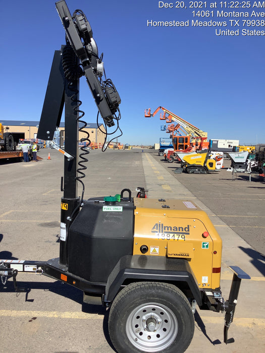 Allmand NLV3GR (4) LED Light Fixture 350W, 23' Vertical Mast, 3kW Prime, Towable, Deep Sea L401, Leveling Jacks, Yanmar T4F 5.8hp