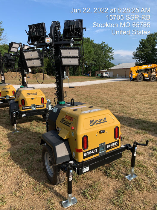 2022 Allmand NLV3GR (4) LED Light Fixture 350W, 23' Vertical Mast, 3kW Prime, Towable, Deep Sea L401, Leveling Jacks, Yanmar T4F 5.8hp