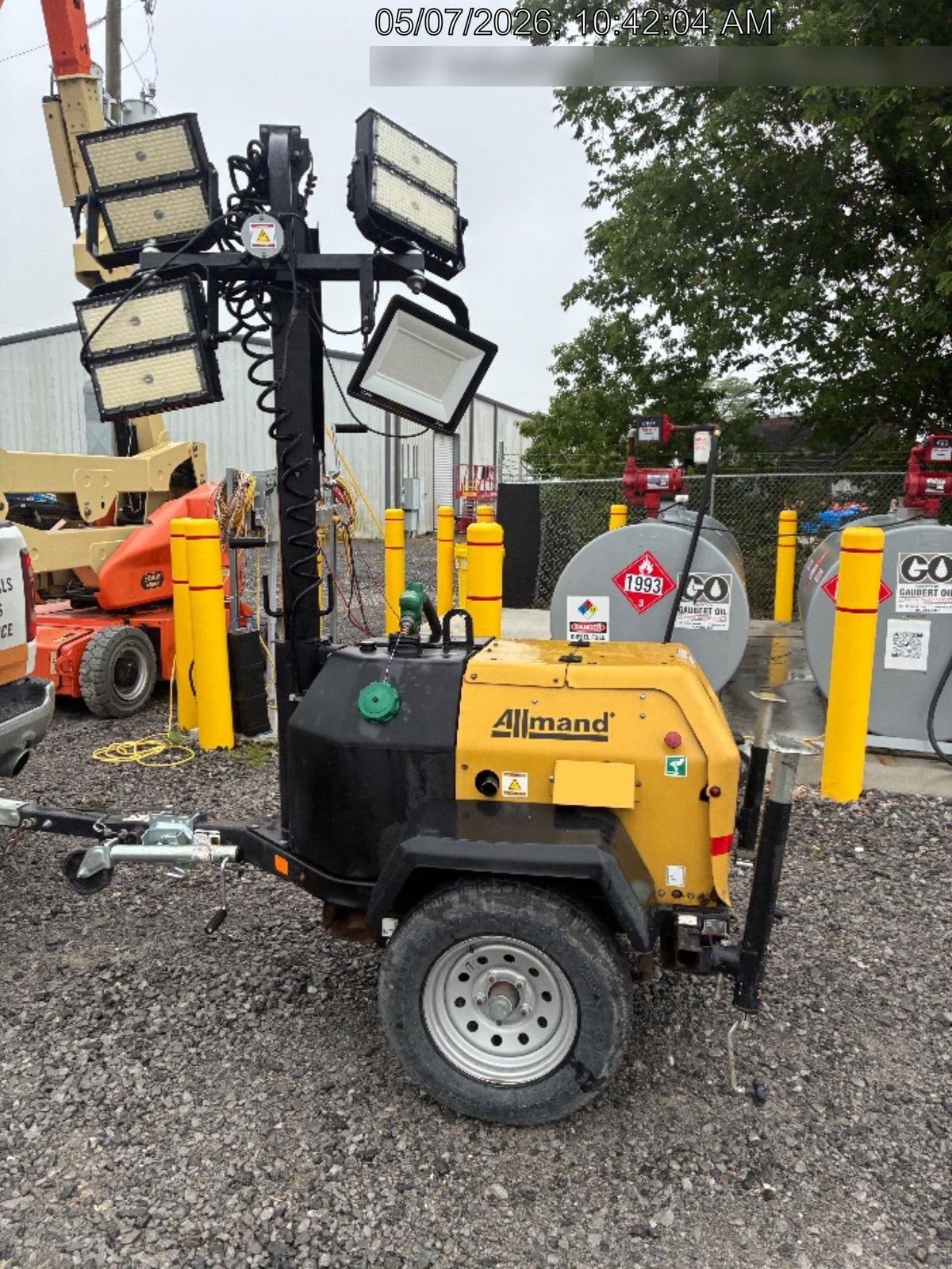 2022 Allmand NLV3GR (4) LED Light Fixture 350W, 23' Vertical Mast, 3kW Prime, Towable, Deep Sea L401, Leveling Jacks, Yanmar T4F 5.8hp