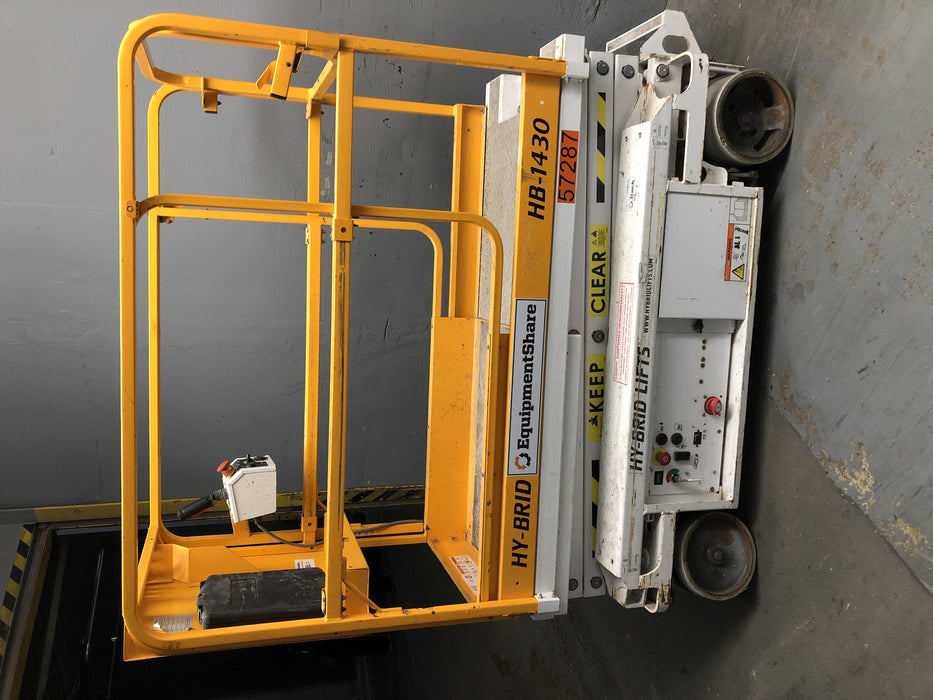 Custom Equipment HB-1430 Hy-Brid Scissor Lift
Platform capacity up to 670 lbs
Working height up to 20 ft
Weighs under 1,700 lbs
Non-marking wheels