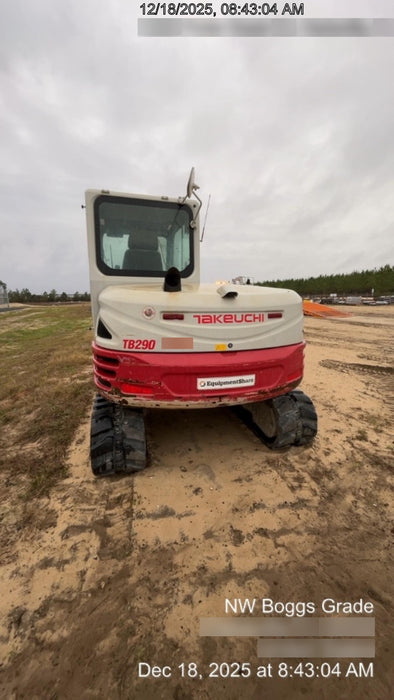 2019 Takeuchi TB290 Cab, AC, Rubber Tracks, Dozer Blade, Travel Alarm, Control Pattern Change Valve, Auxiliary Hydraulics w/18" Quick Coupler Bucket with teeth, 6.2 cu. ft. capacity/24" Quick Coupler Bucket with teeth, 8.6 cu. ft. capacity/36" Quick Coupler Bucket with teeth, 13.4 cu. ft. capacity, Quick Coupler, Hydraulic Thumb Installed