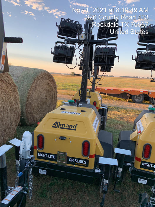 Allmand NLV3GR (4) LED Light Fixture 350W, 23' Vertical Mast, 3kW Prime, Towable, Deep Sea L401, Leveling Jacks, Yanmar T4F 5.8hp