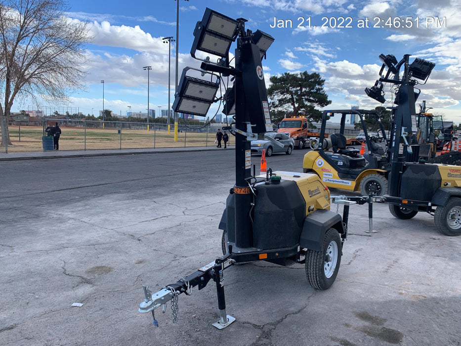 2021 Allmand NLV3GR (4) LED Light Fixture 350W, 23' Vertical Mast, 3kW Prime, Towable, Deep Sea L401, Leveling Jacks, Yanmar T4F 5.8hp