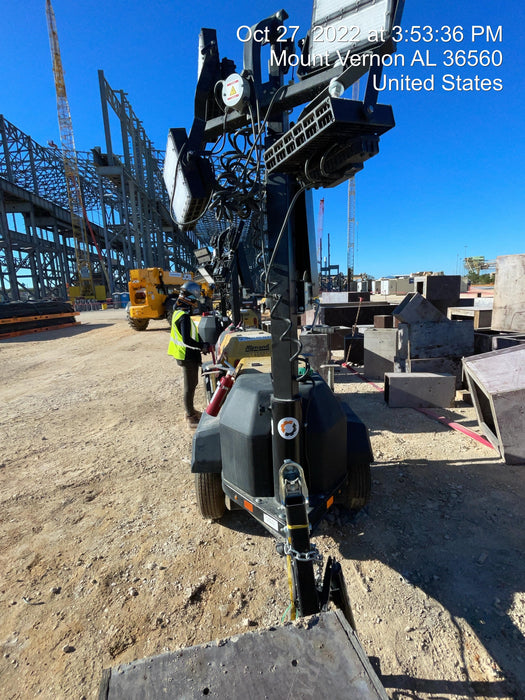 2022 Allmand NLV3GR (4) LED Light Fixture 350W, 23' Vertical Mast, 3kW Prime, Towable, Deep Sea L401, Leveling Jacks, Yanmar T4F 5.8hp