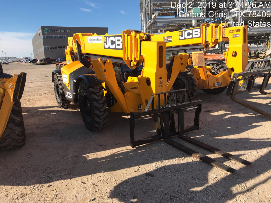 2019 JCB 510-56 Enclosed Cab, 74 HP, Solid Tires, Worklights, Beacon, Aux Hydraulics, Lifting Eye w/66" Carriage/60" Forks