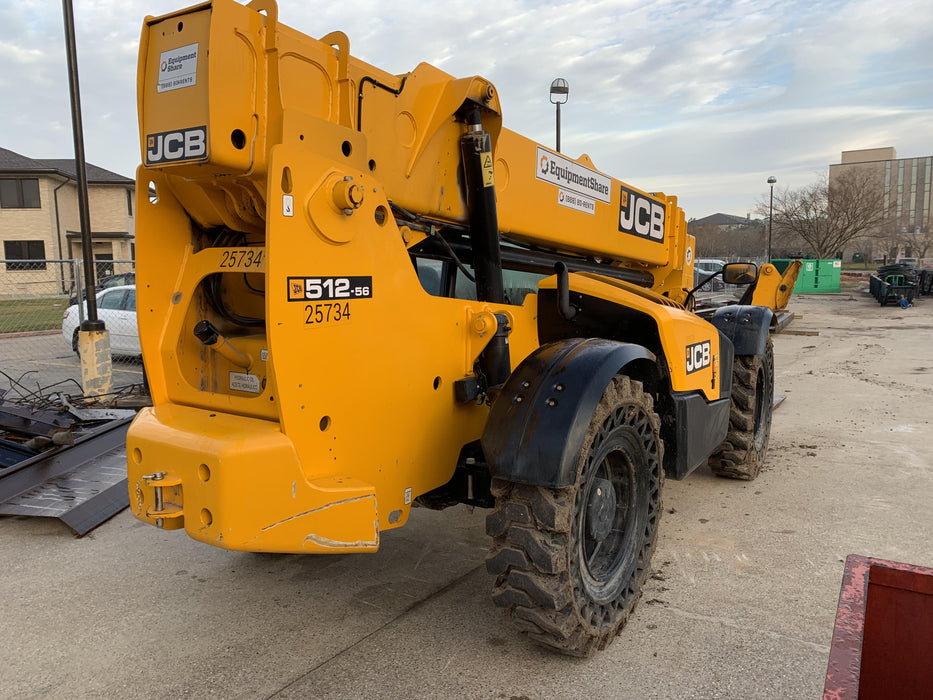 2019 JCB 512-56 109 HP w/CAB/HVAC, Beacon, Aux Hydraulics, Worklights, Solid Tires w/60" Carriage/Forks