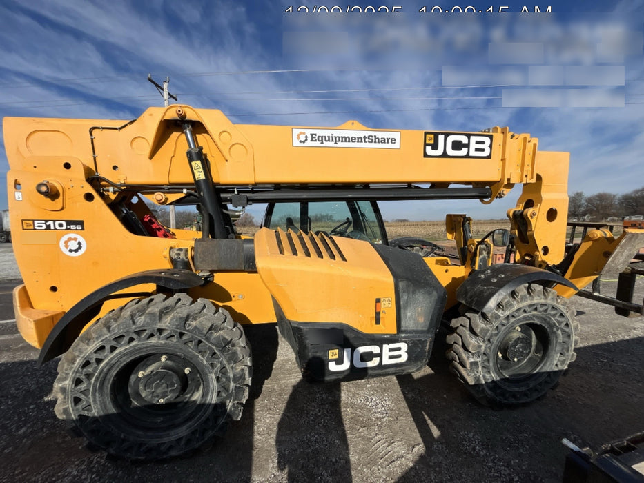 2019 JCB 510-56 Enclosed Cab, 74 HP, Solid Tires, Worklights, Beacon, Aux Hydraulics, Lifting Eye w/66" Carriage/60" Forks