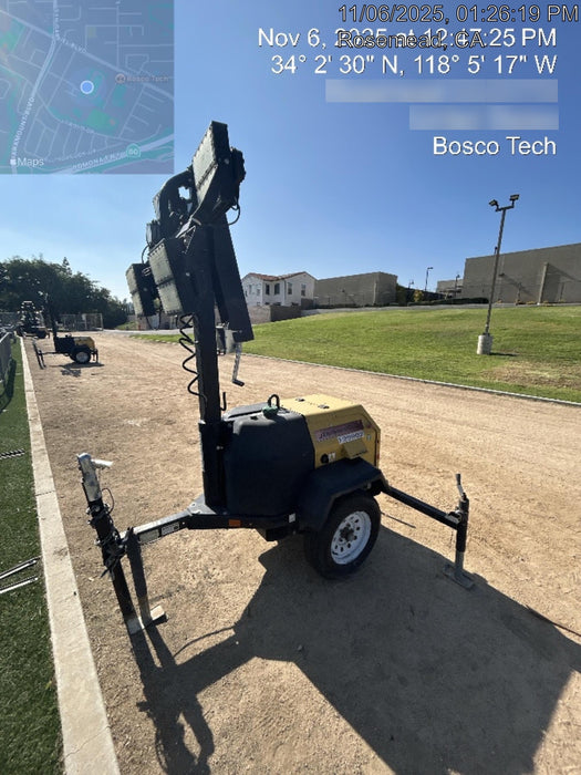 2021 Allmand NLV3GR (4) LED Light Fixture 350W, 23' Vertical Mast, 3kW Prime, Towable, Deep Sea L401, Leveling Jacks, Yanmar T4F 5.8hp