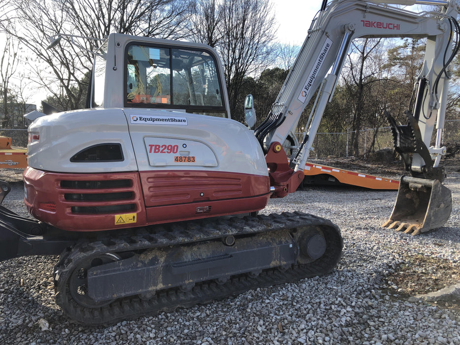 2019 Takeuchi TB290 Cab, AC, Rubber Tracks, Dozer Blade, Travel Alarm, Control Pattern Change Valve, Auxiliary Hydraulics w/18" Quick Coupler Bucket with teeth, 6.2 cu. ft. capacity/24" Quick Coupler Bucket with teeth, 8.6 cu. ft. capacity/36" Quick Coupler Bucket with teeth, 13.4 cu. ft. capacity, Quick Coupler, Hydraulic Thumb Installed