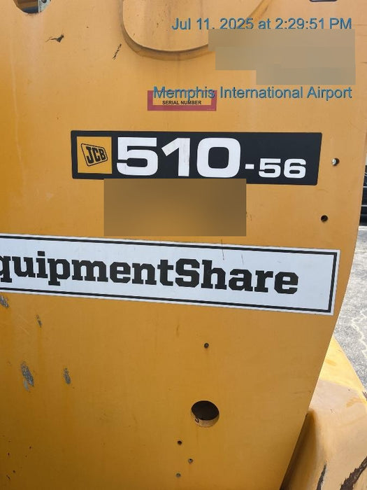 2019 JCB 510-56 Open ROPS, 74 HP, Solid Tires, Worklights, Beacon, Aux Hydraulics, Lifting Eye w/60" Carriage/60" Forks
