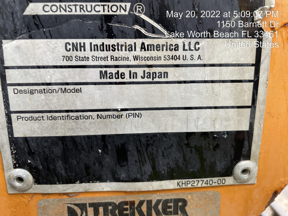 2016 Case CX350D CAB A/C, 13'-3" ARM, STEEL TRACKS, THUMB