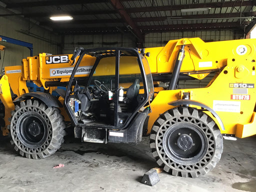 2019 JCB 510-56 74 HP w/Open ROPS, Beacon, Aux Hydraulics, Worklights, Solid Tires w/60" Carriage/Forks