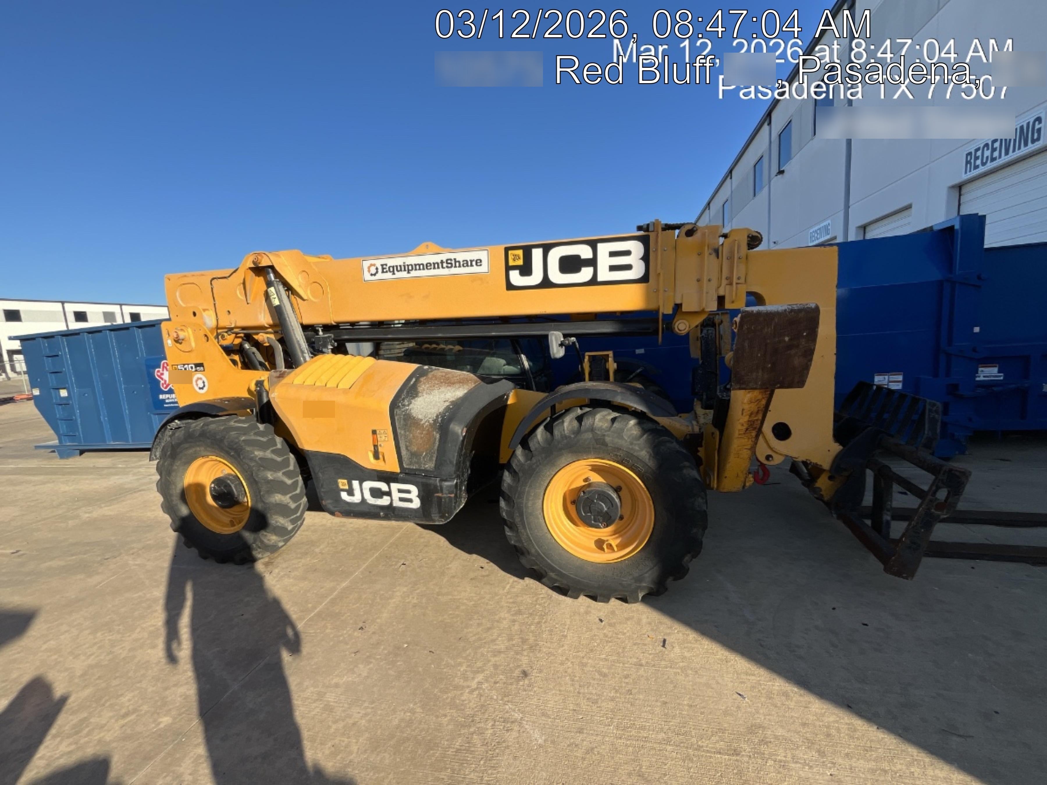 2019 JCB 510-56 Enclosed Cab, 74 HP, Solid Tires, Worklights, Beacon, Aux Hydraulics, Lifting Eye w/66" Carriage/60" Forks