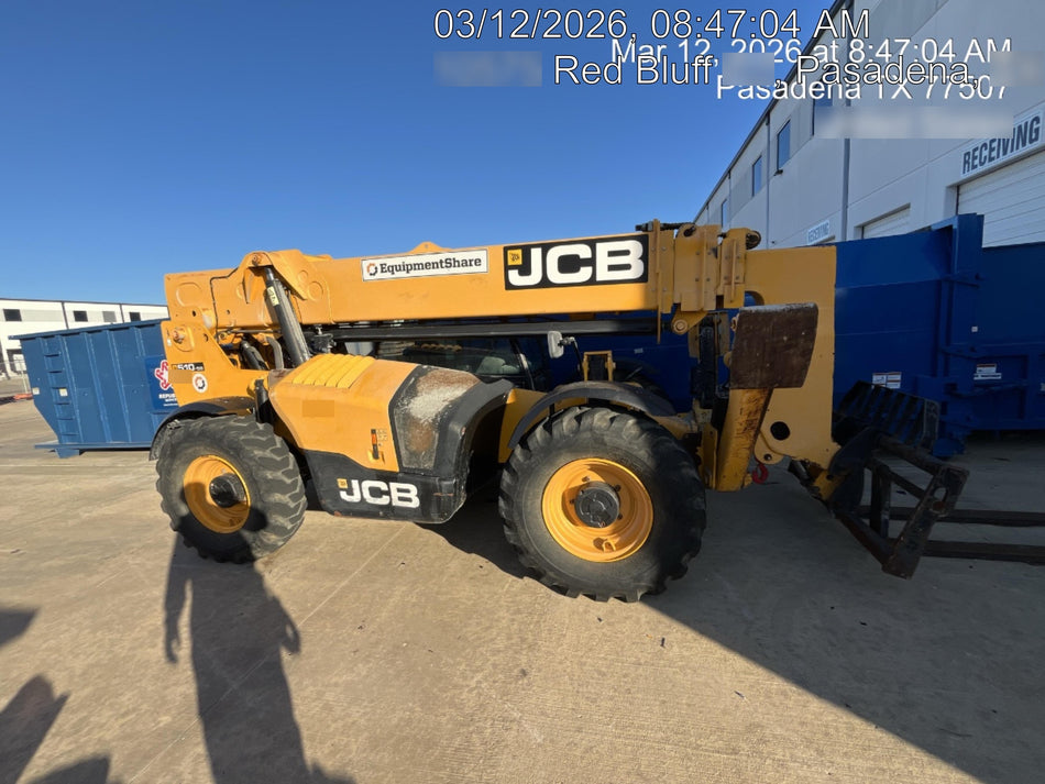 2019 JCB 510-56 Enclosed Cab, 74 HP, Solid Tires, Worklights, Beacon, Aux Hydraulics, Lifting Eye w/66" Carriage/60" Forks