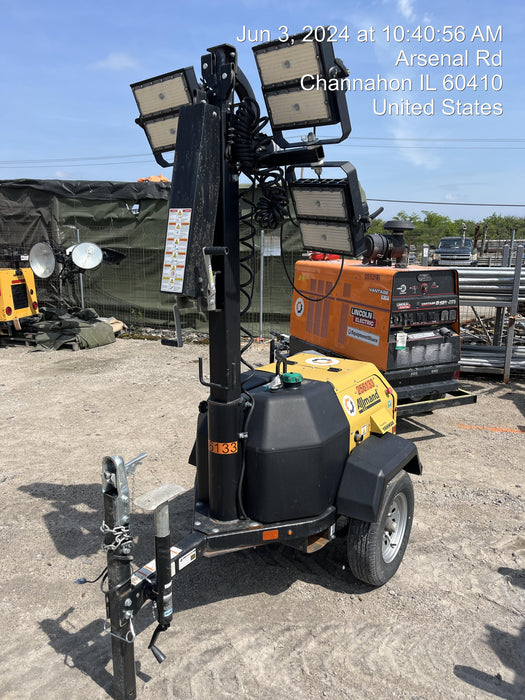 2022 Allmand NLV3GR (4) LED Light Fixture 350W, 23' Vertical Mast, 3kW Prime, Towable, Deep Sea L401, Leveling Jacks, Yanmar T4F 5.8hp