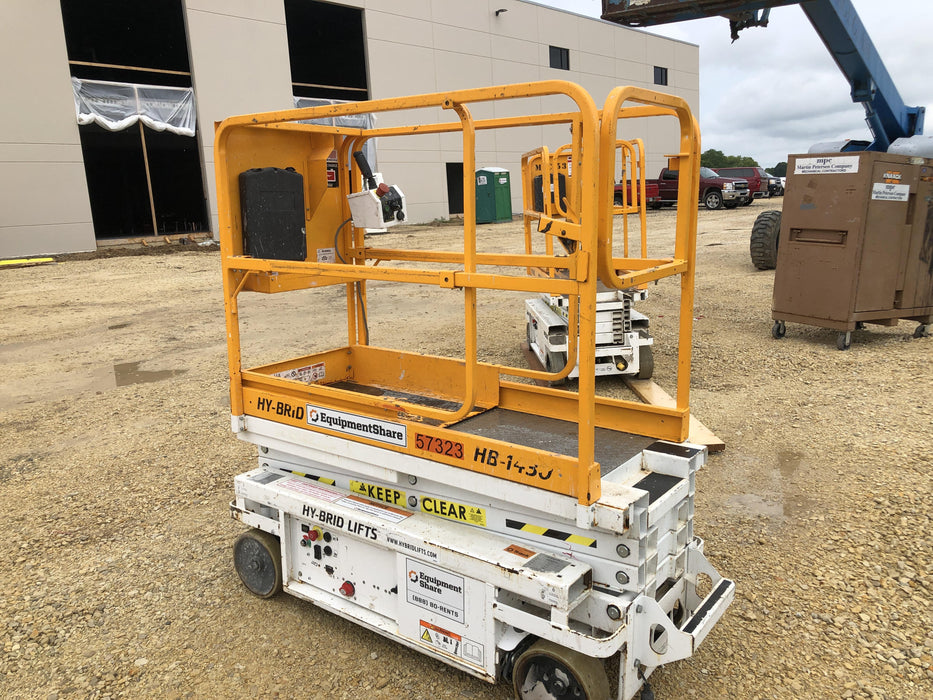 Custom Equipment HB-1430 <ul>
 <li>Hy-Brid Scissor Lift</li>
  <li>Platform capacity up to 670 lbs.</li>
  <li>Working height up to 20 ft</li>
  <li>Weighs under 1,700 lbs.</li>
  <li>Non-marking wheels </li>
</ul>