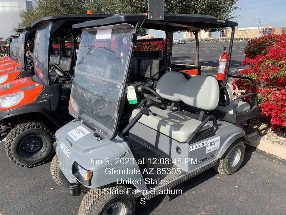 2022 Club Car CA100E Canopy, Fold down Windshield, Beacon, Back up Alarm, All-Trail Trials, HD 8 V Batteries, Trailer Hitch and Ball
